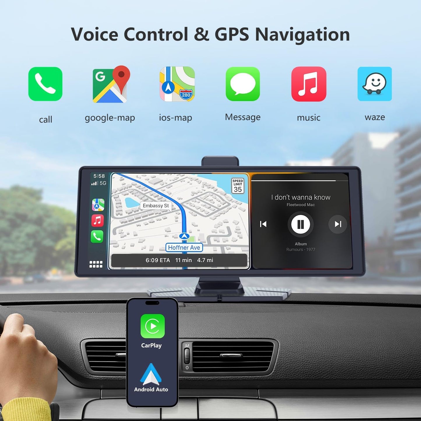 Wireless CarPlay and Android Auto Portable Car Display 10.26' , Bluetooth and Wireless FM Transmitter
