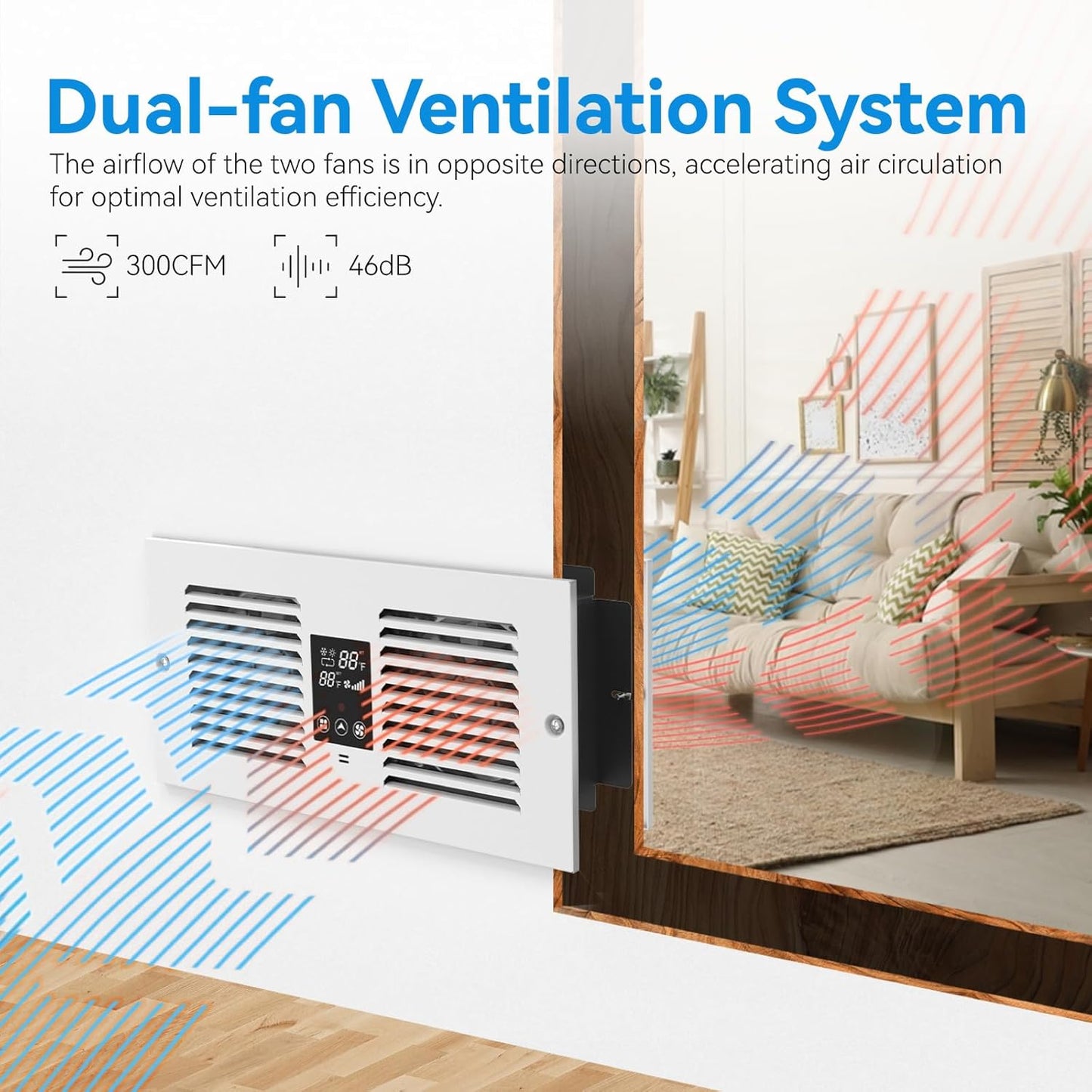 Room to Room Air Transfer Fan with Remote Control, 300CFM Wall Vent Fan, Temperature Control, 5-Speed