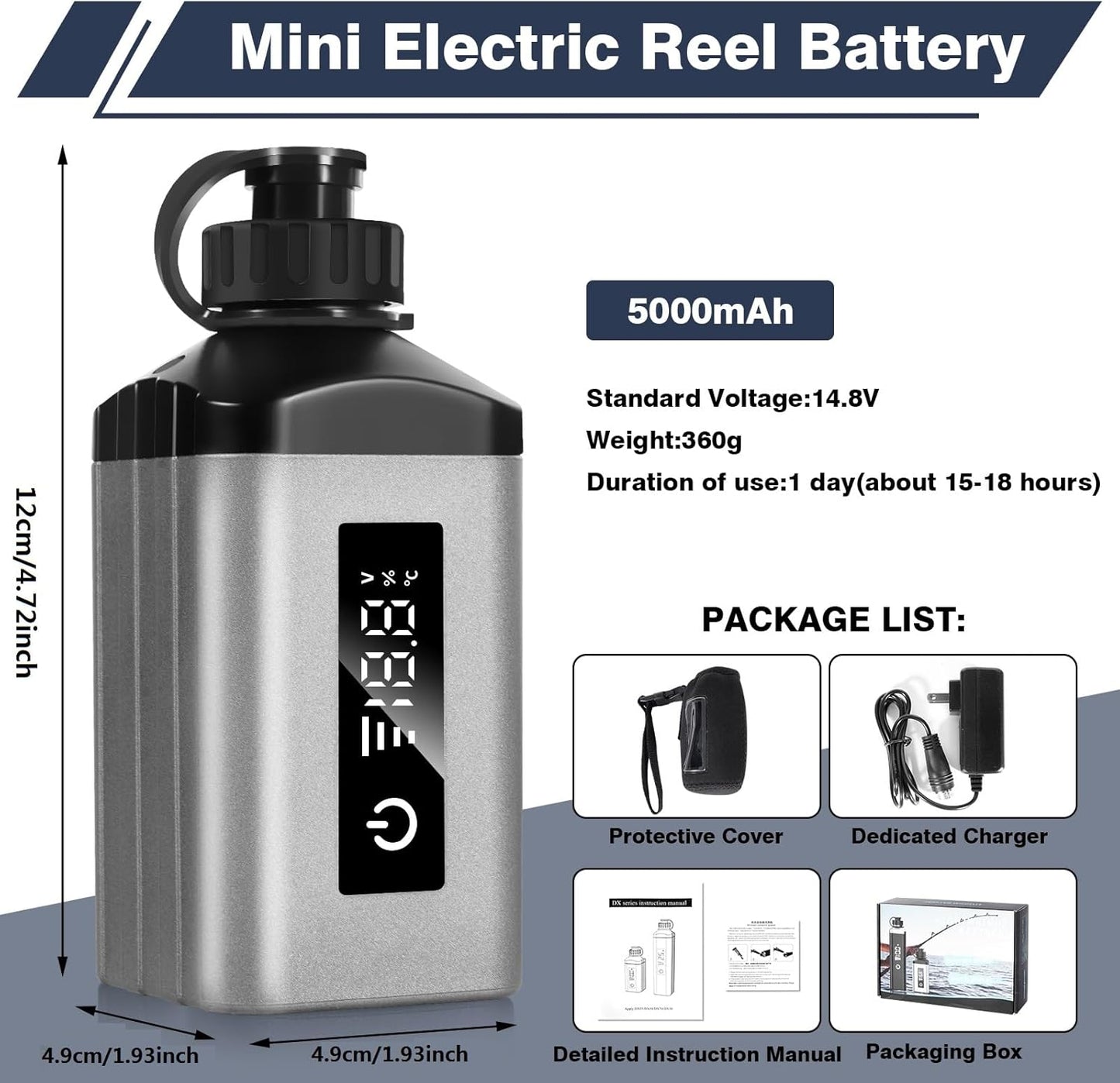 Mini Portable Fishing Reel Battery, 5000mAh 14.8V Professional, with Charger