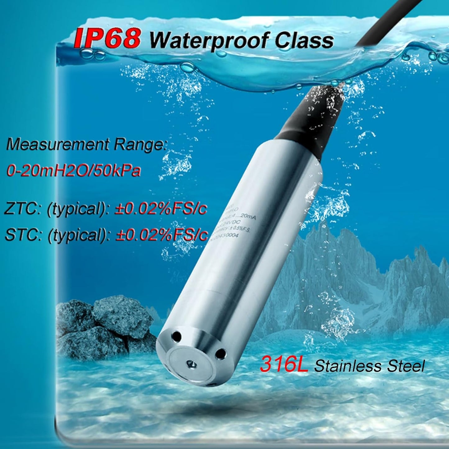 Water Tank Level Sensor 4 to 20mA, 24 to 32VDC, Liquid Sensor, IP68 Waterproof Class 98FT Measuring Range