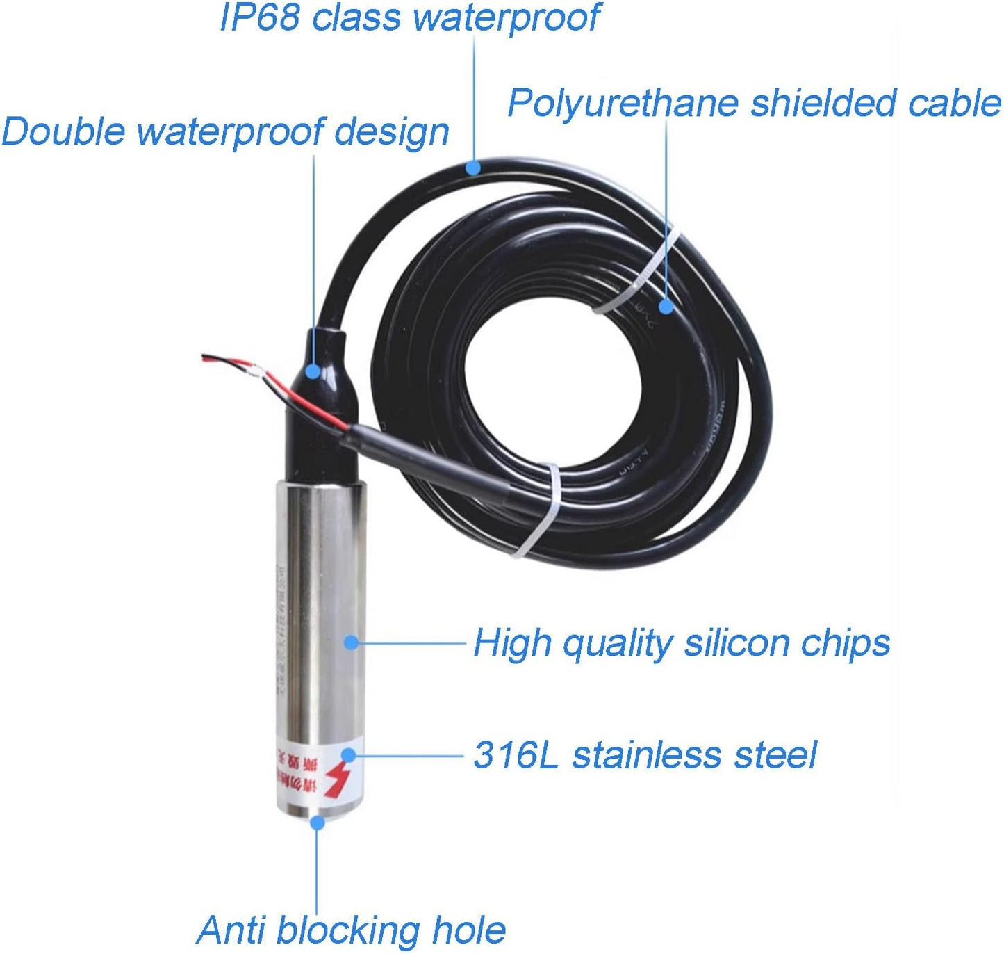 Water Tank Level Sensor 4 to 20mA, 24 to 32VDC, Liquid Sensor, IP68 Waterproof Class 98FT Measuring Range