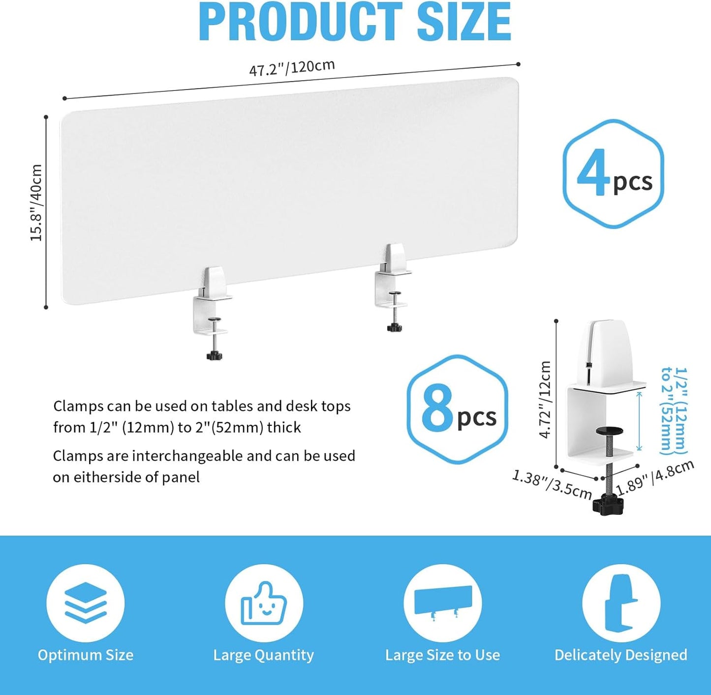 Desk Divider 4 Pcs Desk Privacy Panel 47.2'L x 15.8W' Office Partitions Frosted Acrylic Panel