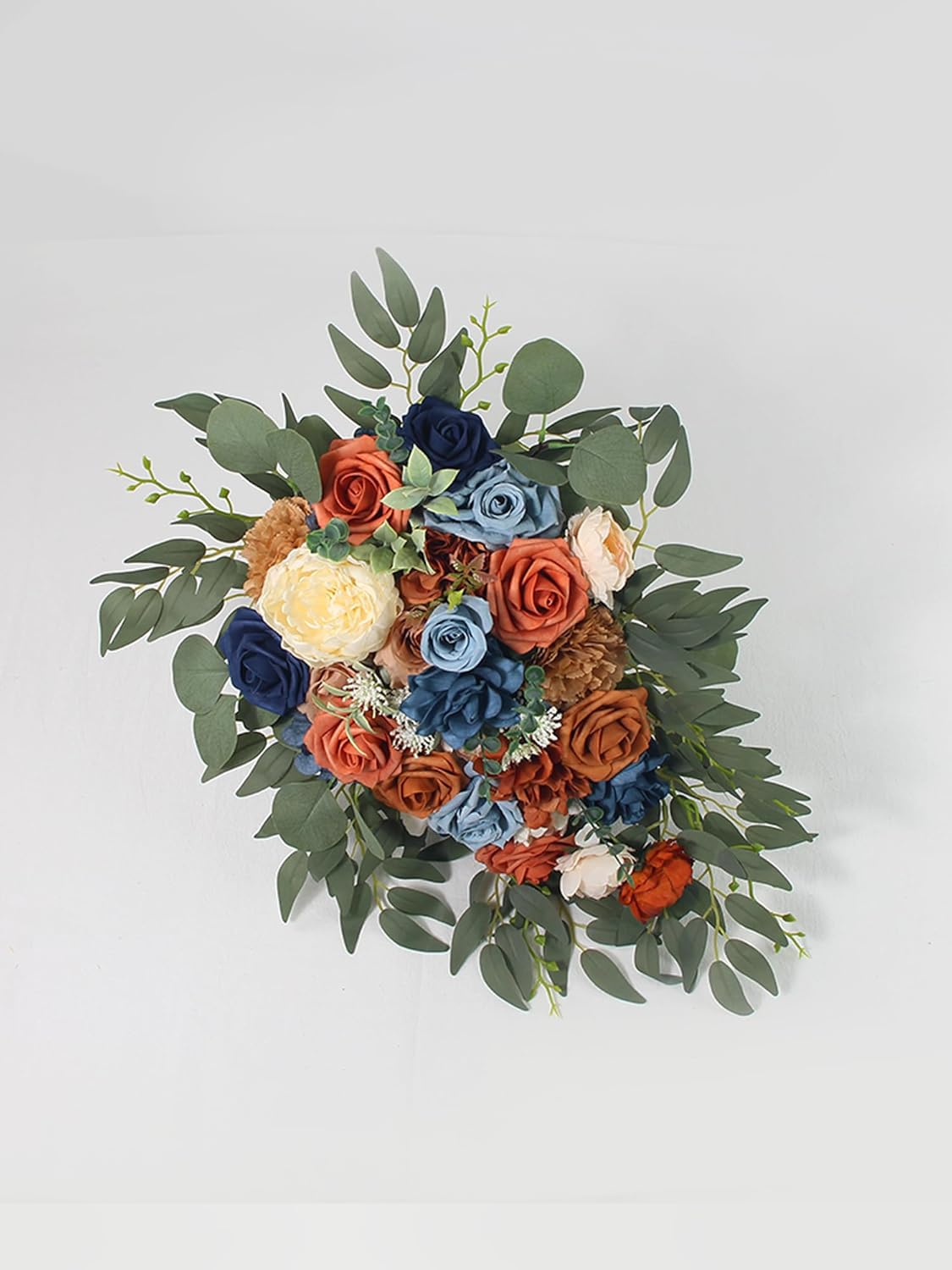Fall Cascading Wedding Bouquets for Bride, Terracotta Navy Blue, Cascade Boho Burnt Orange