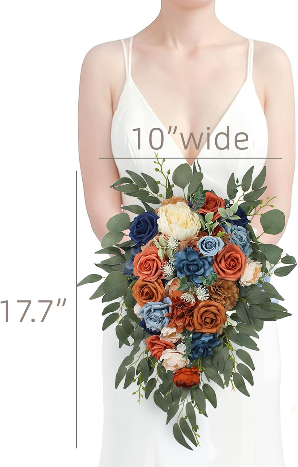 Fall Cascading Wedding Bouquets for Bride, Terracotta Navy Blue, Cascade Boho Burnt Orange