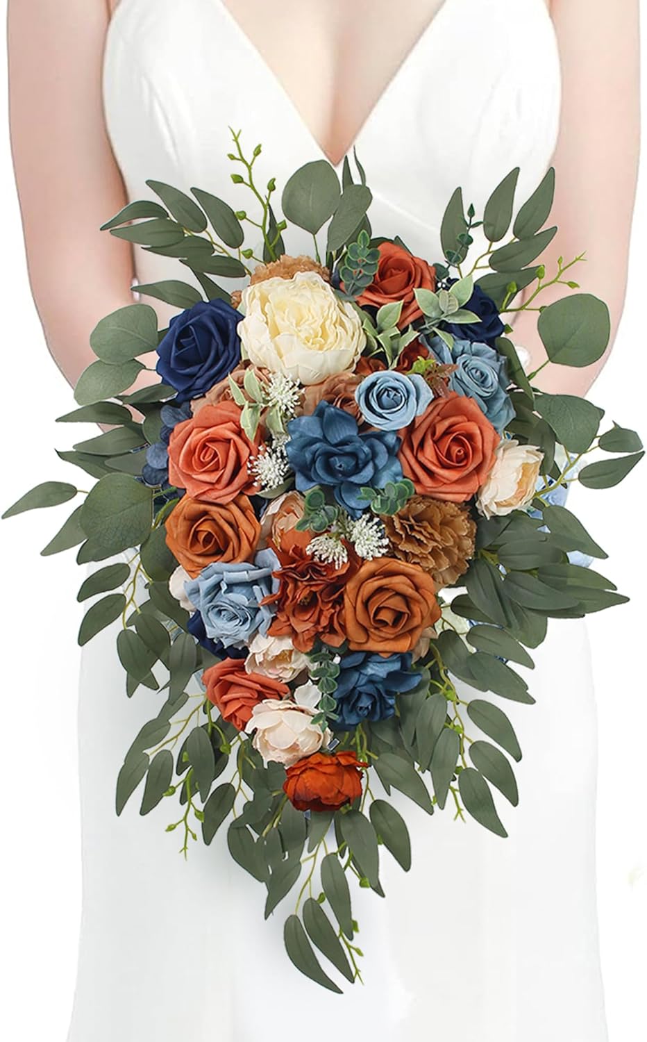 Fall Cascading Wedding Bouquets for Bride, Terracotta Navy Blue, Cascade Boho Burnt Orange