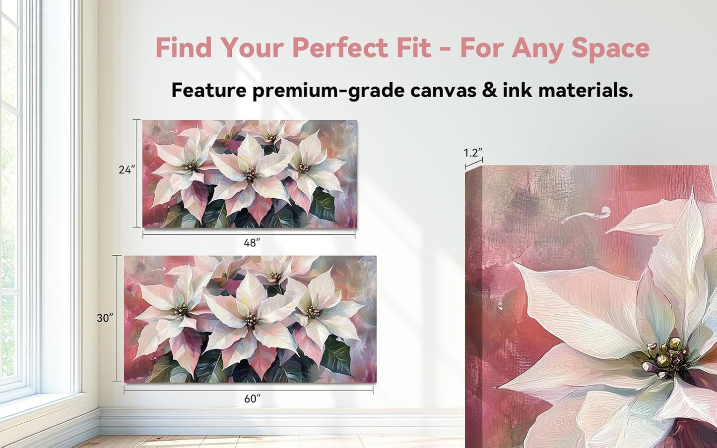 Vintage Framed Wall Art 60x30 Inch - White Poinsettia, Holiday Floral Decor