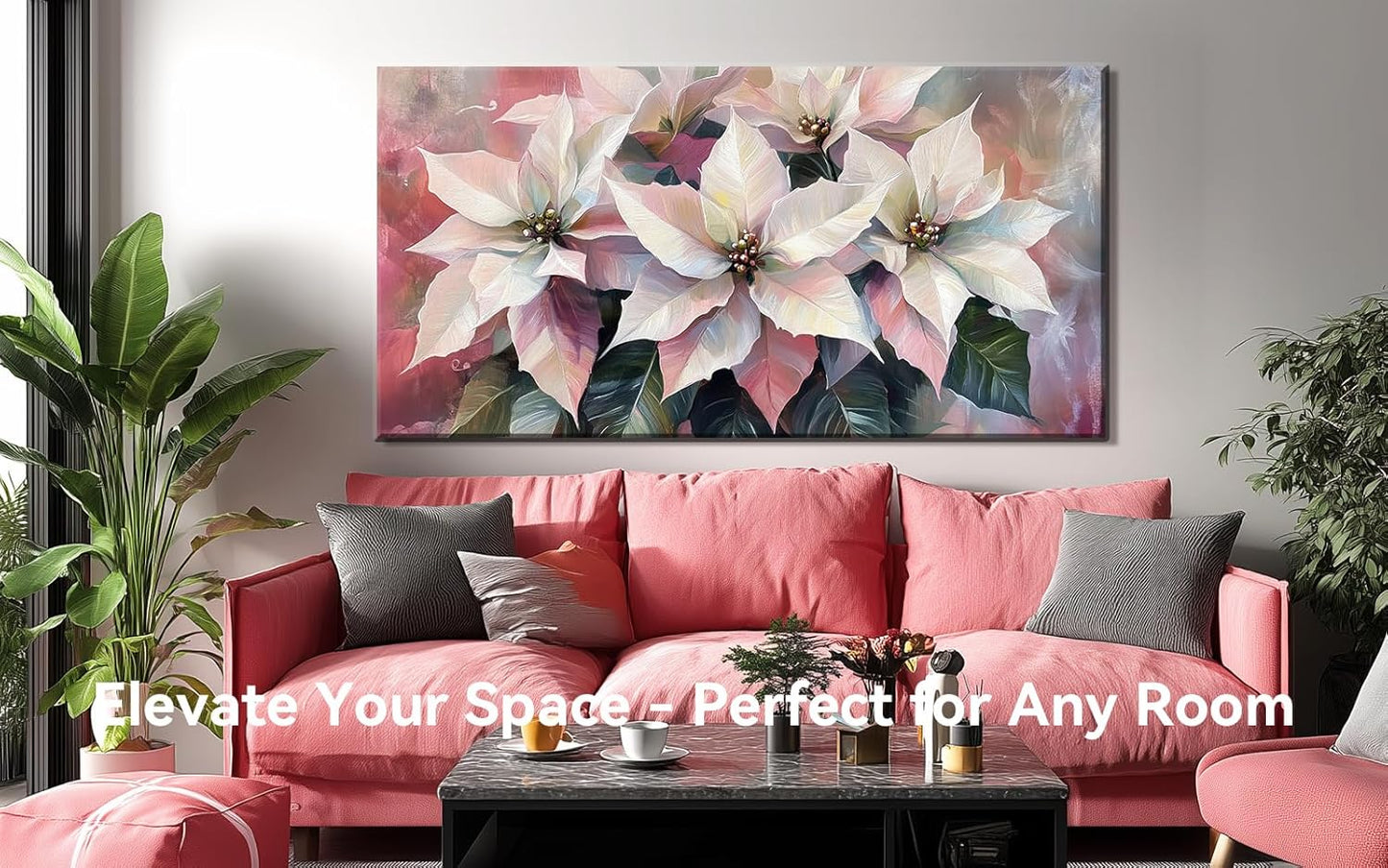 Vintage Framed Wall Art 60x30 Inch - White Poinsettia, Holiday Floral Decor
