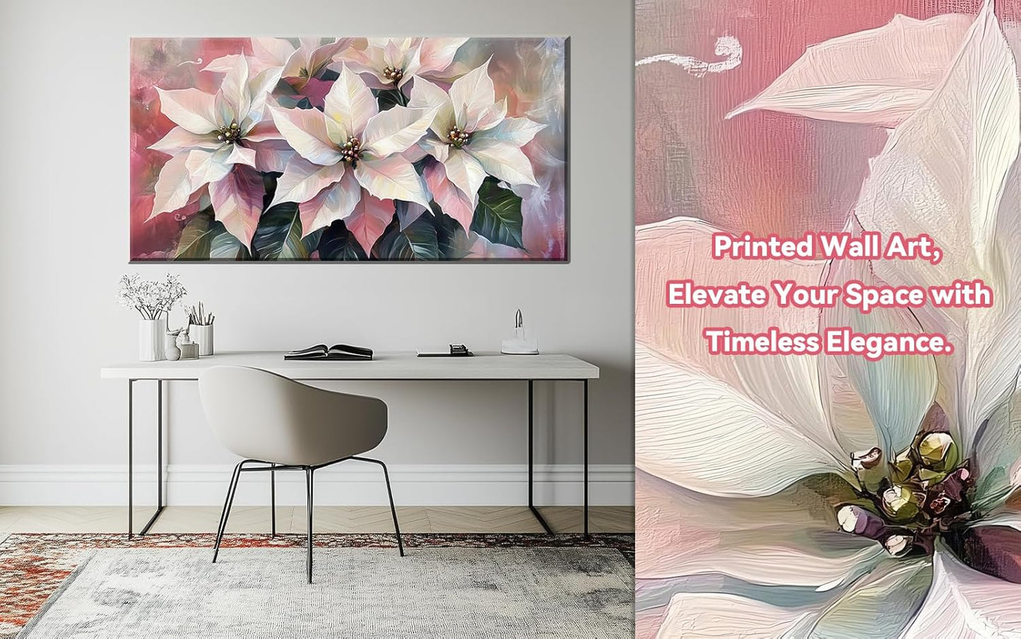 Vintage Framed Wall Art 60x30 Inch - White Poinsettia, Holiday Floral Decor