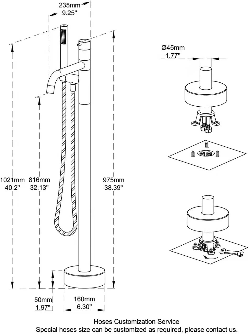 Artiqua Freestanding Bathtub Faucet Floor Mount Tub Filler Oil Rubbed Bronze Brass Single Handle Bathroom Faucets with Han