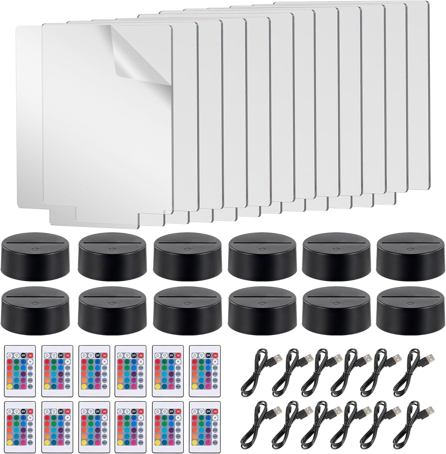 12 Sets LED Light Base with Acrylic Blank Sheets, 16 Colors,4 Modes, LED Night Light Set