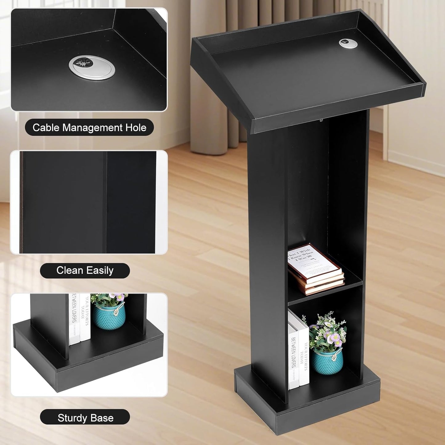 Wooden Black Pulpit for Lecture Wedding Speech Farmhouse Podium Stand
