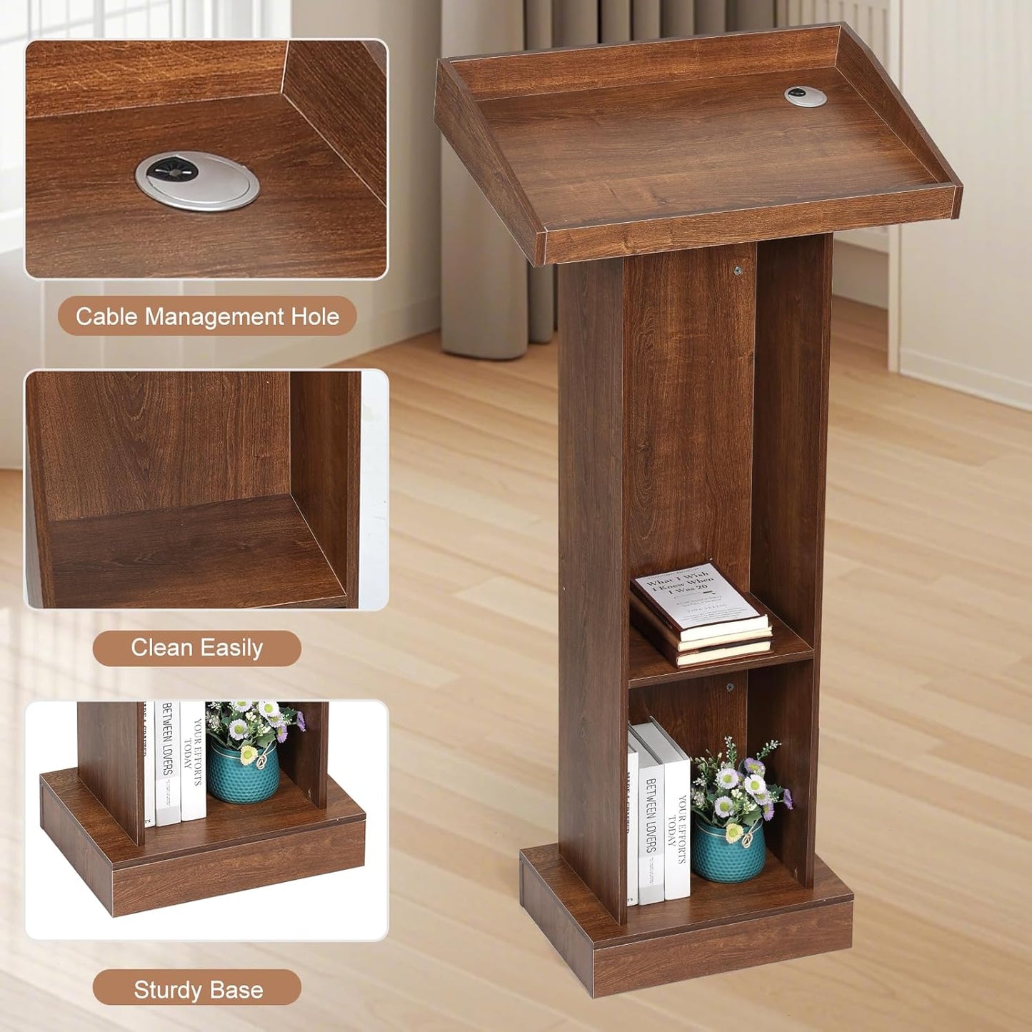 Wooden Podium Stand for Lectern, Presentation, Speech, Pulpit (Walnut)