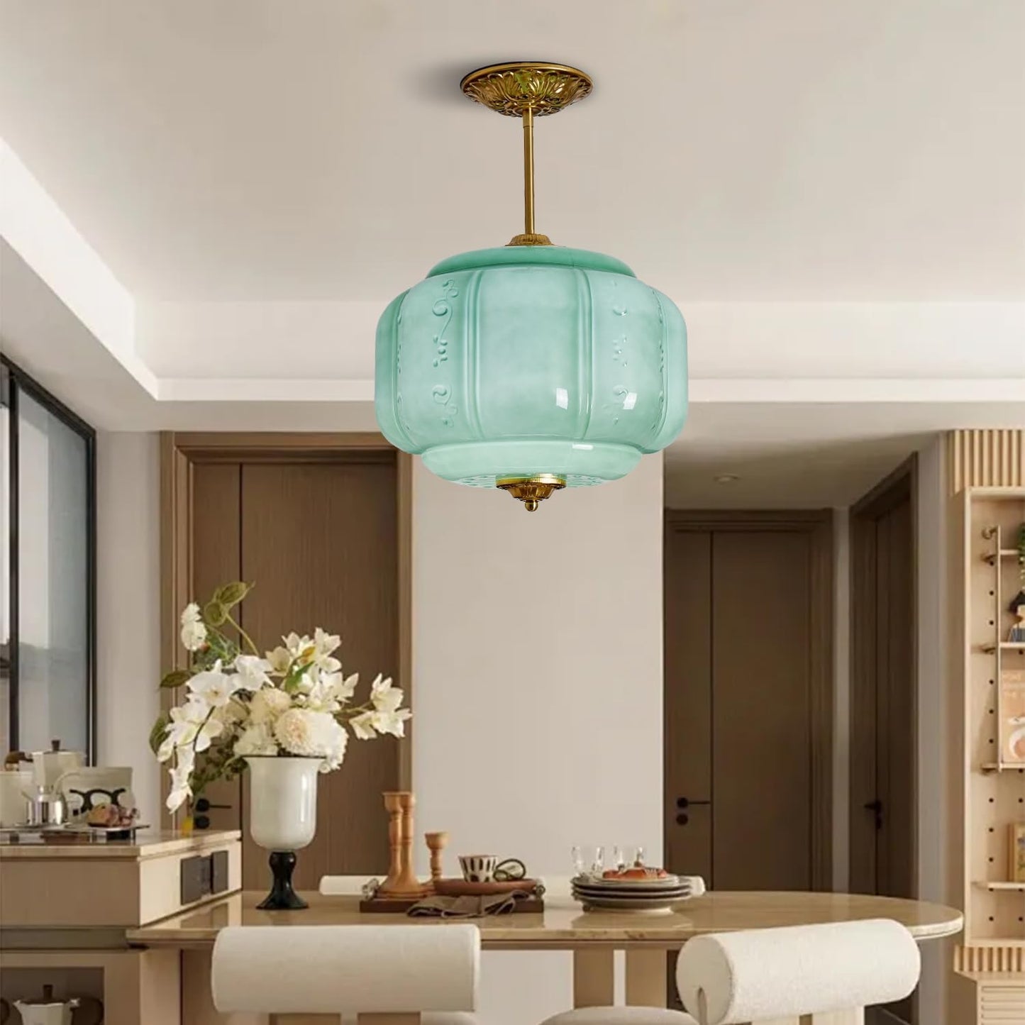 Green Milk Glass Ceiling Light Fixture, 13.8' Vintage Pumpkin Pendant Light with Unique Flower Lines
