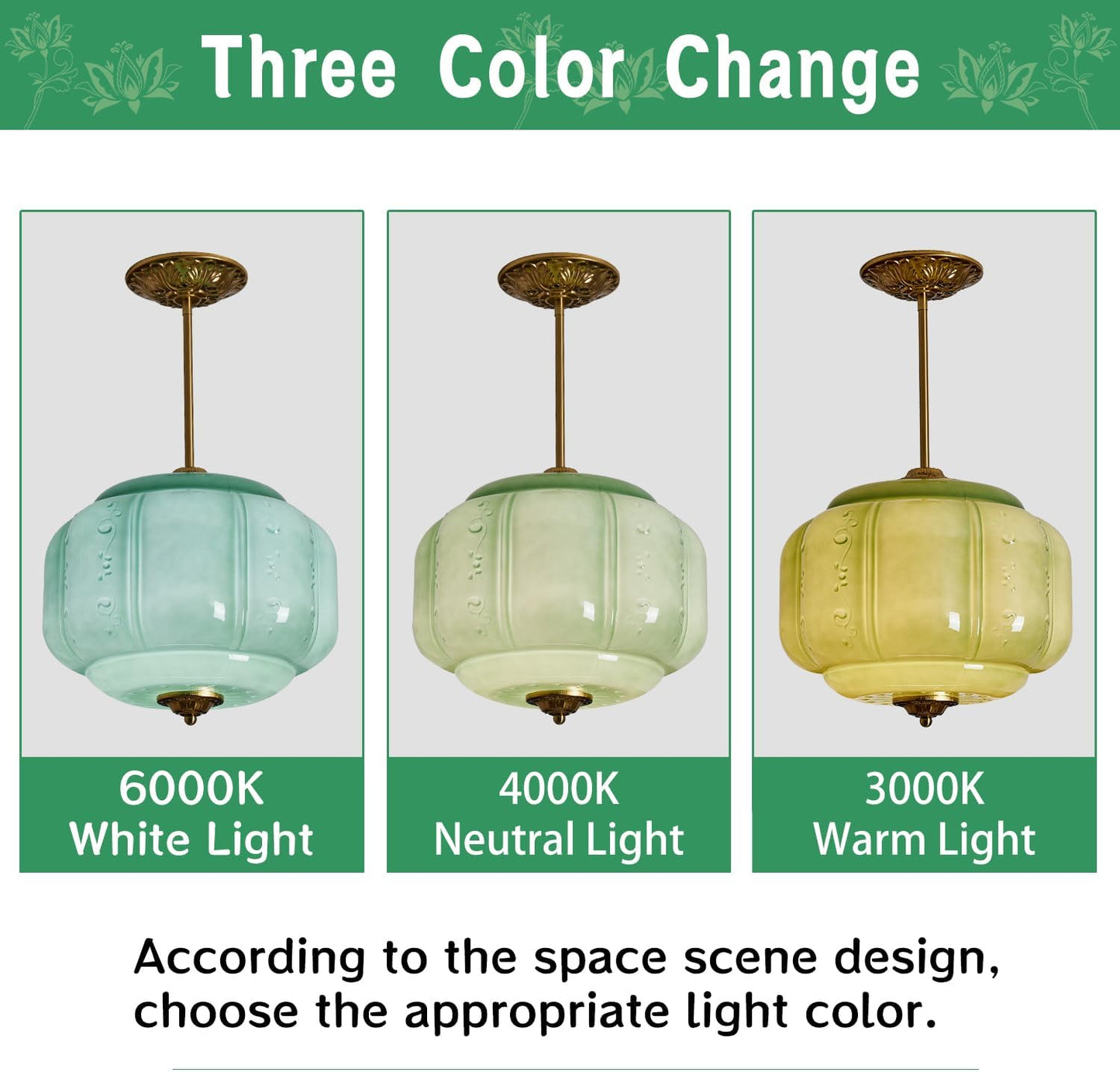 Green Milk Glass Ceiling Light Fixture, 13.8' Vintage Pumpkin Pendant Light with Unique Flower Lines