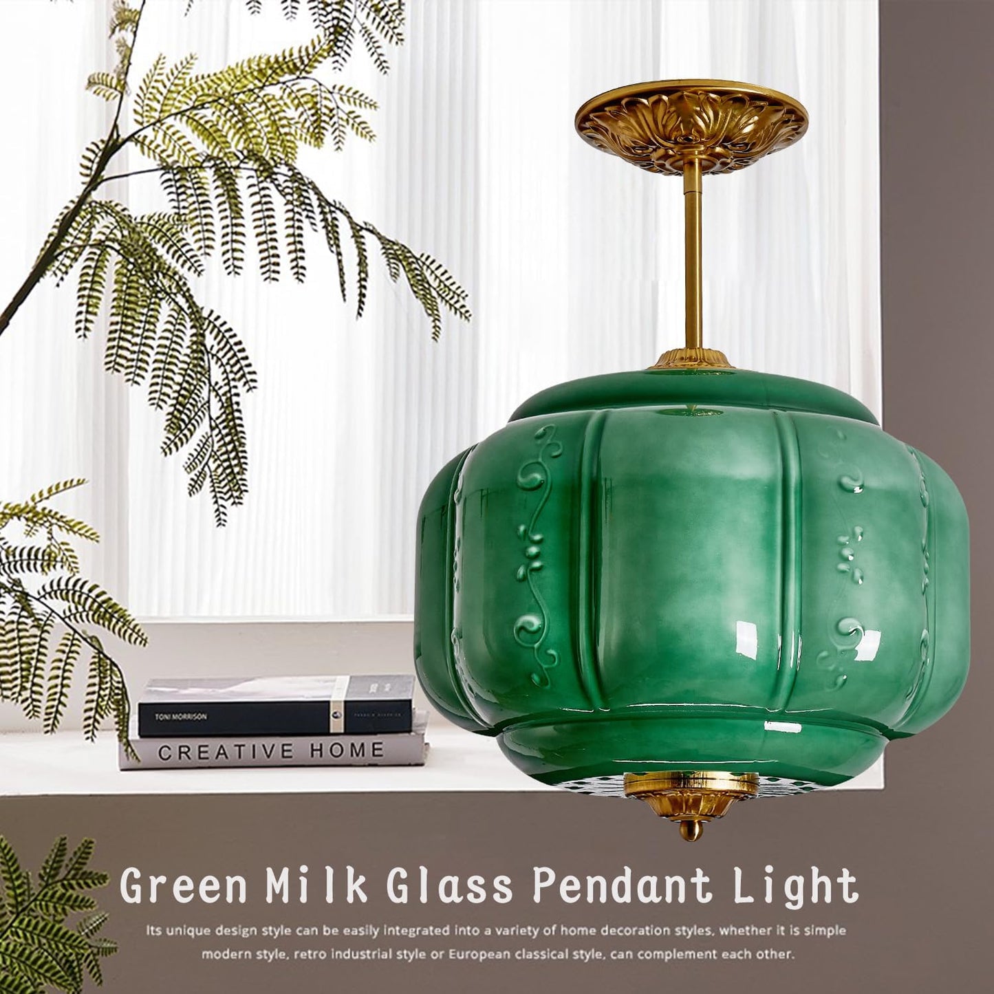 Green Milk Glass Ceiling Light Fixture, 13.8' Vintage Pumpkin Pendant Light with Unique Flower Lines