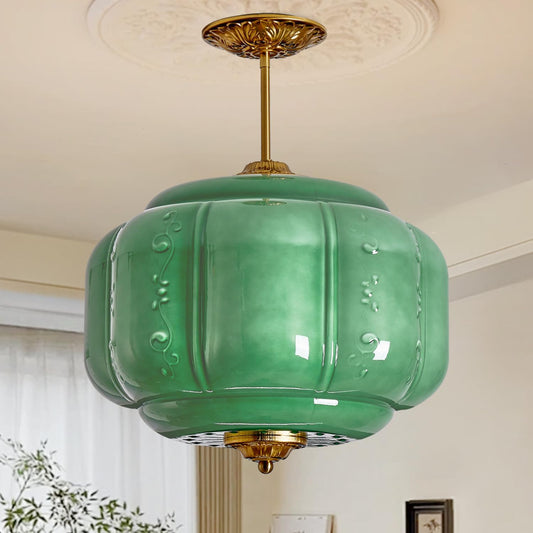 Green Milk Glass Ceiling Light Fixture, 13.8' Vintage Pumpkin Pendant Light with Unique Flower Lines