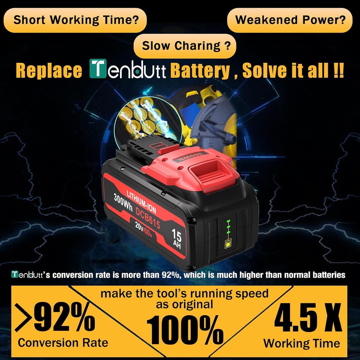Replace for 15.0Ah Dewalt Flex-volt 20v/60v Max Battery DCB615 DCB612 DCB609 DCB606 20V, 60V