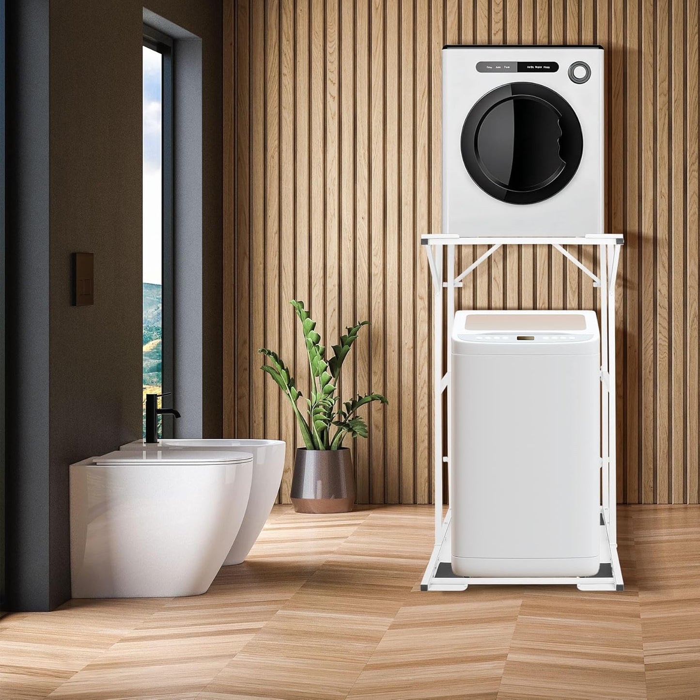 Double-Deck Washer Dryer Stacking Rack Stand, Heavy Duty Steel Washer and Dryer Shelves. Check Measurements!
