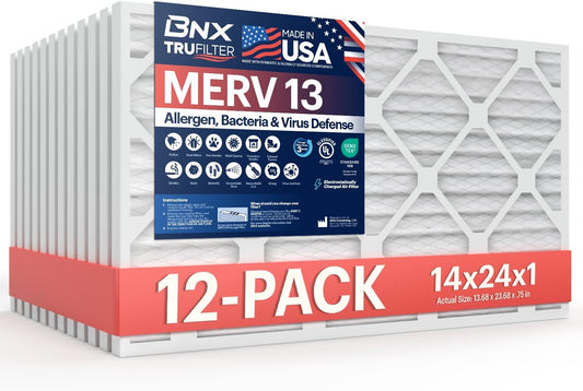 BNX TruFilter 14x24x1 Air Filter MERV 13 (12-Pack), MADE IN USA, Electrostatic Pleated Air Conditioner Filter