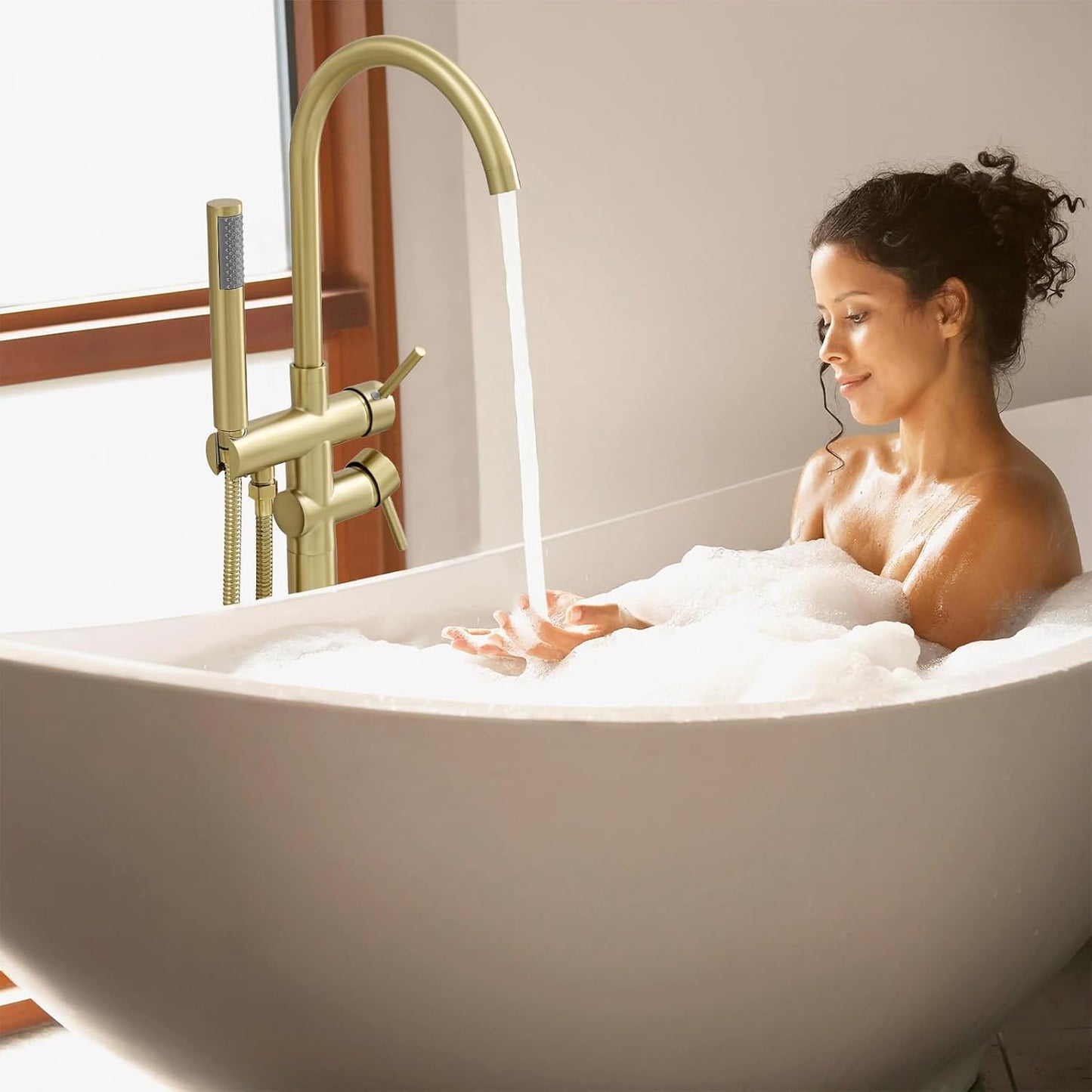 Gold Floor Mount Bathtub Faucet Freestanding Tub Filler Standing High Flow Shower Faucets