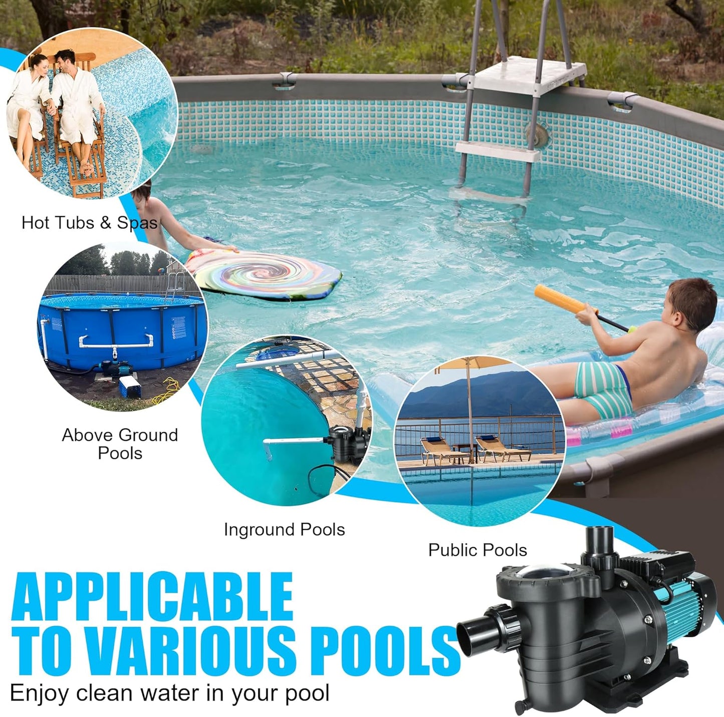 Pool Pump Above and Inground Ground, 2HP, 6980 GPH High Flow Self Priming Swimming Pool Pump, 110V