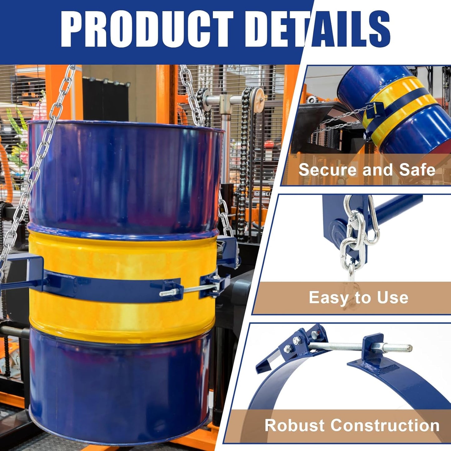 Steel Tilting Drum Ring, 55 Gallon Drum Lifter Ring, Painted Carbon Steel, 1200Lbs Capacity, Industrial