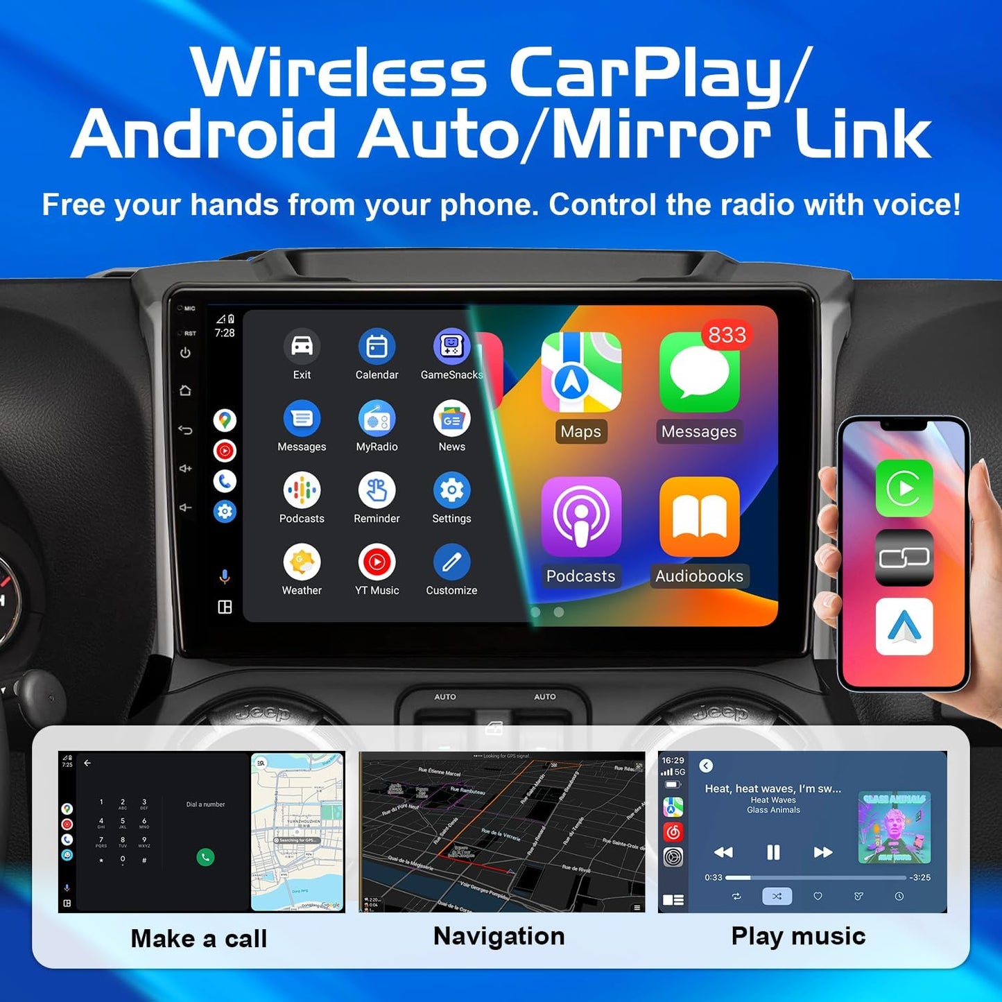 Upgraded Android 13 Car Radio for Jeep Wrangler 2007-2018 1+32G with Wireless Carplay&amp;Android Auto 10.1&#34; Ultr