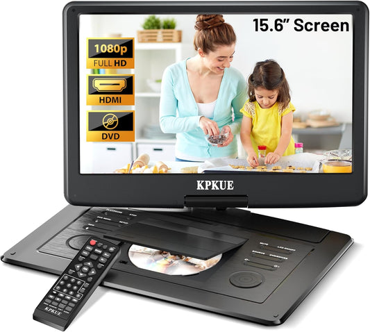 Portable DVD Player, 15.6-inch 1080P FHD, Lg Swivel Monitor, Built-in 4Hr Rechargeable Battery, Dual-Speaker