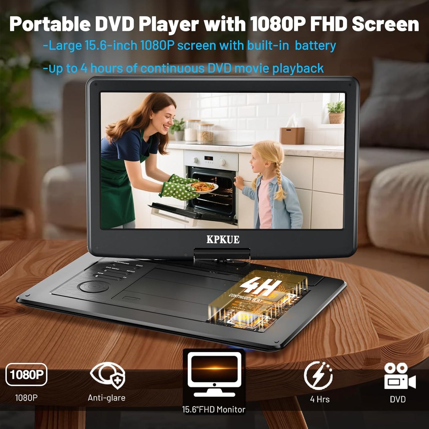 Portable DVD Player, 15.6-inch 1080P FHD, Lg Swivel Monitor, Built-in 4Hr Rechargeable Battery, Dual-Speaker