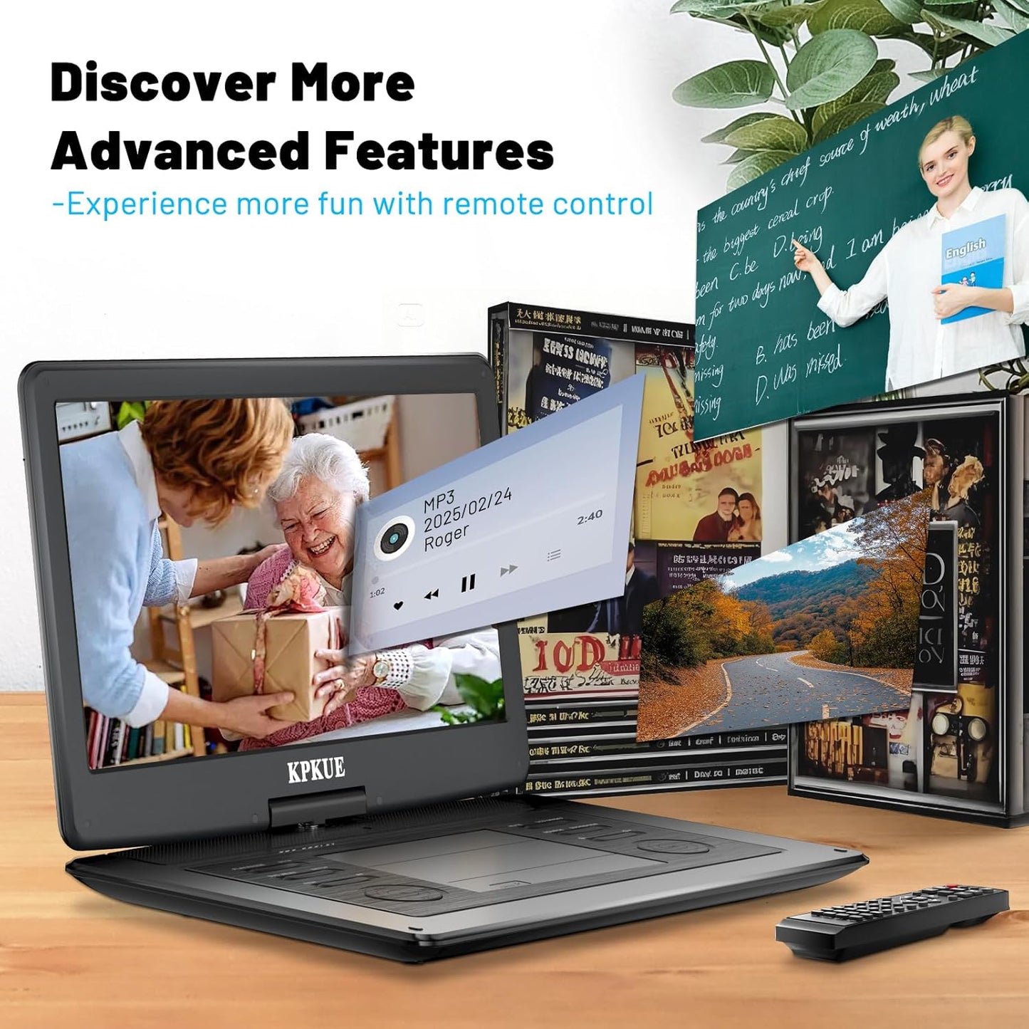 Portable DVD Player, 15.6-inch 1080P FHD, Lg Swivel Monitor, Built-in 4Hr Rechargeable Battery, Dual-Speaker