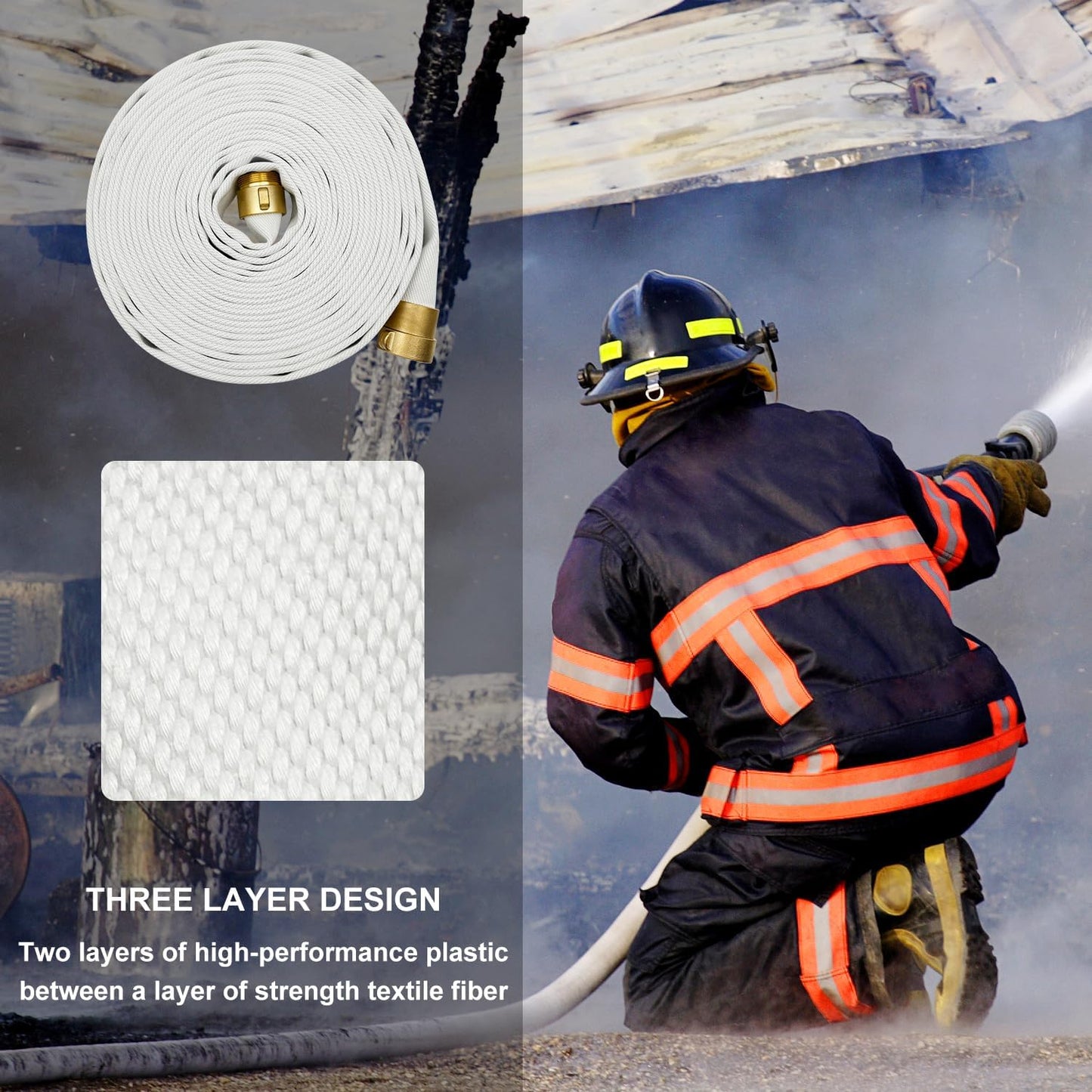 Fire Hose, 2.5 inches x 50 Ft, Lay Flat Water Hose, White Industrial Hose, NST/NH Couplings (not for NPSH/NPT)