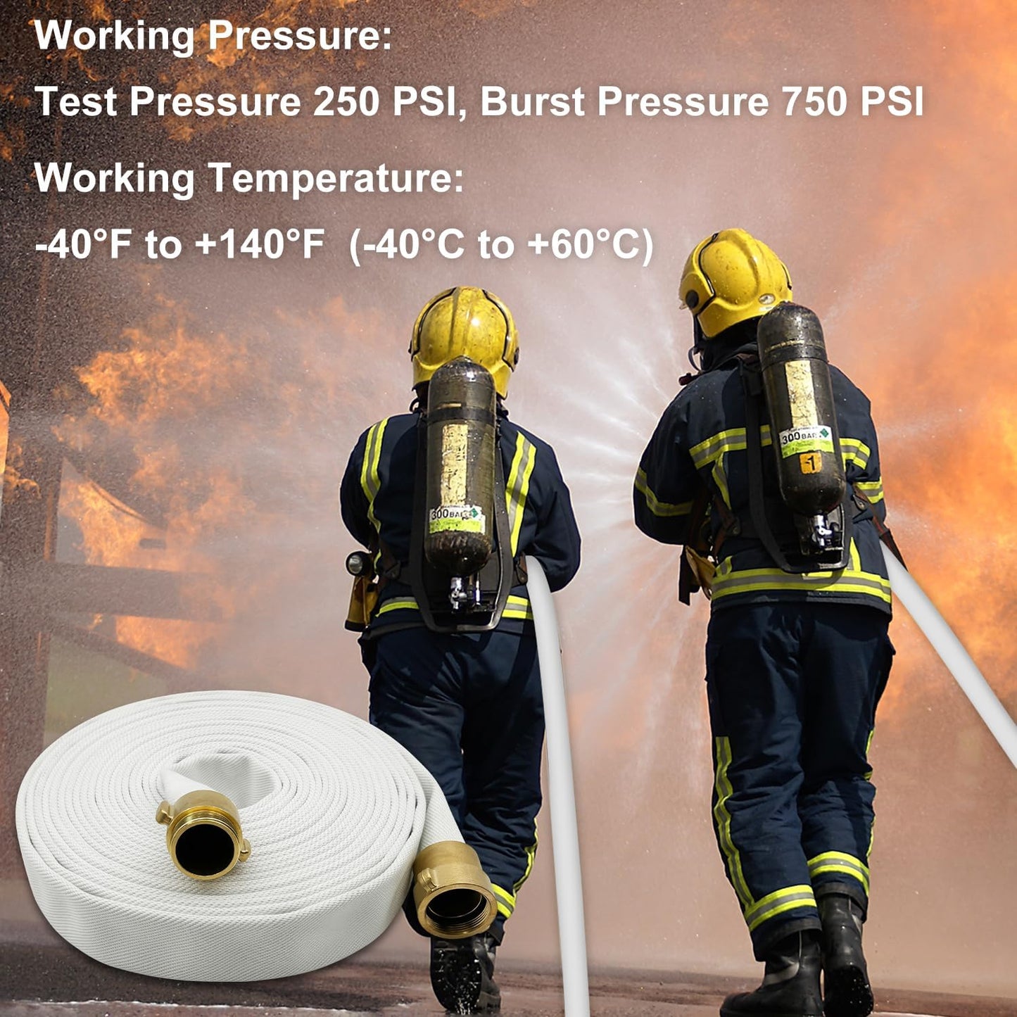 Fire Hose, 2.5 inches x 50 Ft, Lay Flat Water Hose, White Industrial Hose, NST/NH Couplings (not for NPSH/NPT)