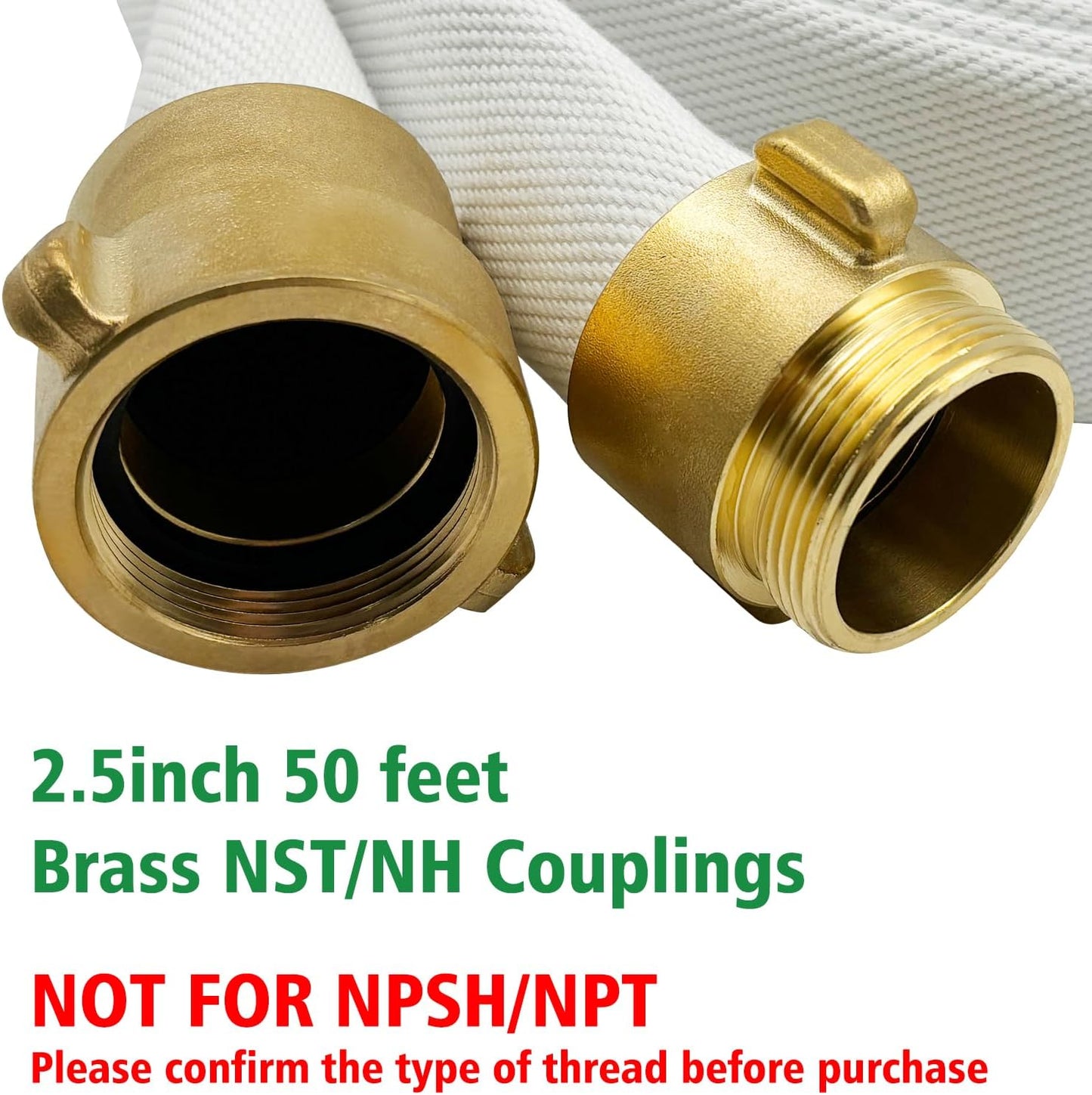 Fire Hose, 2.5 inches x 50 Ft, Lay Flat Water Hose, White Industrial Hose, NST/NH Couplings (not for NPSH/NPT)