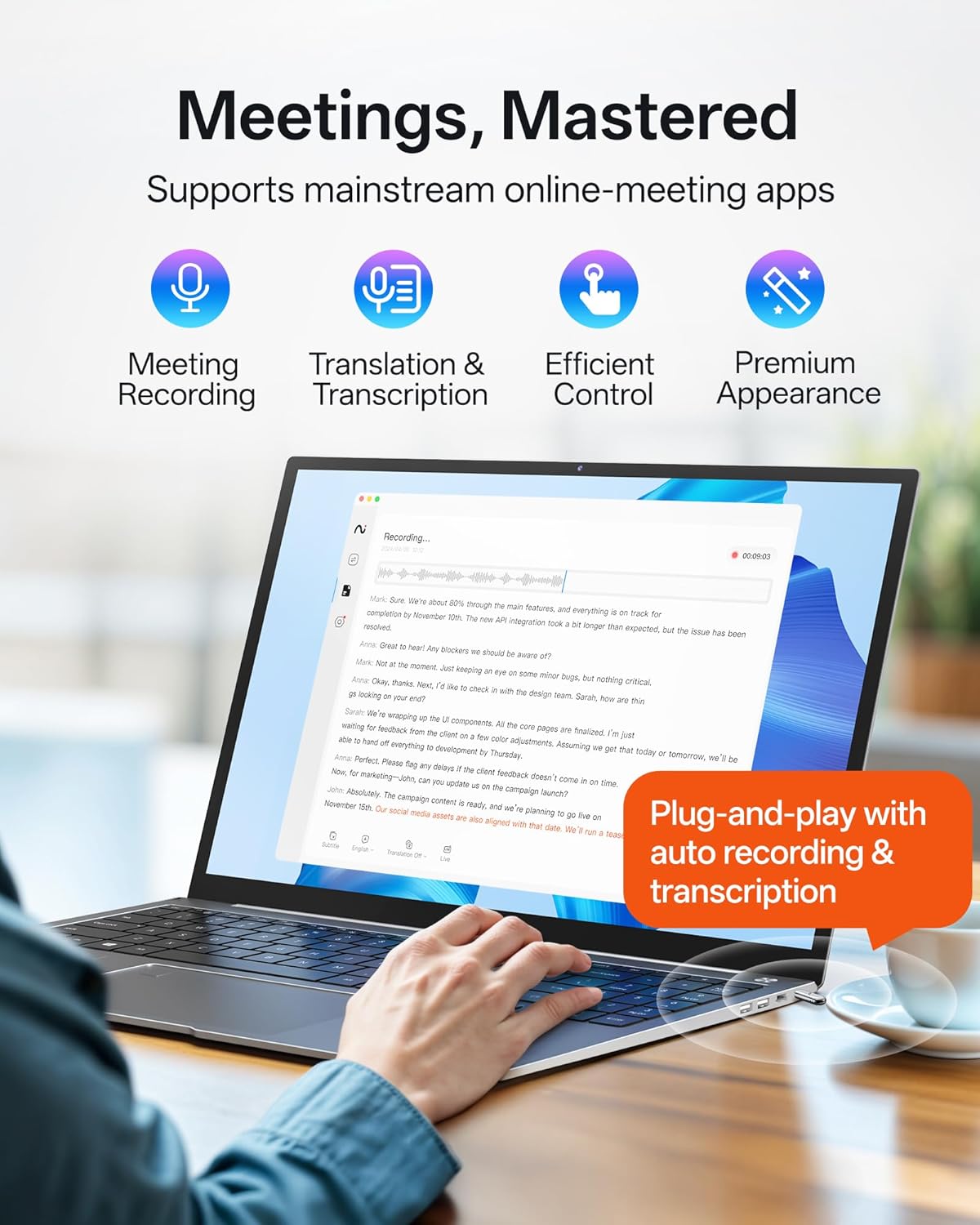 Computer AI Meeting Assistant, viaim Voice Recorder with Transcription, 16 Languages, to-Do Lists and Summaries