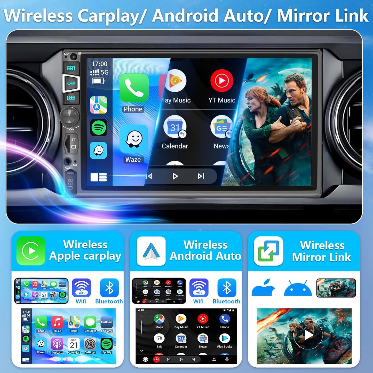Car Stereo Compatible with Wireless Carplay/Android Auto and Mirror Link,7 Inch HD 1024x600 Touchscreen