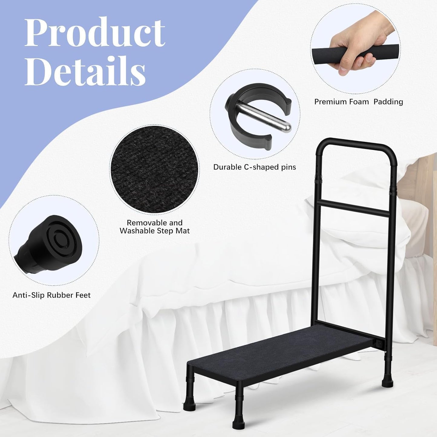 30.5' Long Bedside Step Stool with Handle for Elderly Seniors Adults, Bed Step with Adjustable Height