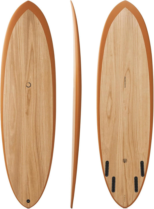 Wood Skin Surfboard Mid Length MID04 Quad 6' 6' Wine Red, Durable and Light-Weight Structure