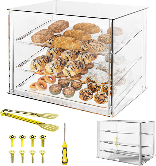 3-Tier Commercial Bakery Display Case with Removable Shelves and Magnetic Doors, Clear Acrylic