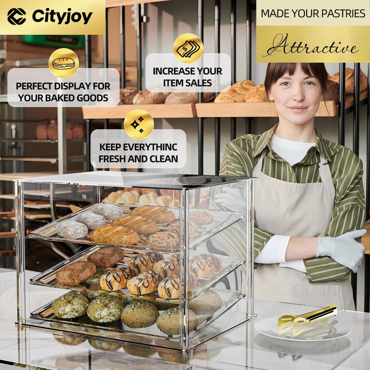 3-Tier Commercial Bakery Display Case with Removable Shelves and Magnetic Doors, Clear Acrylic