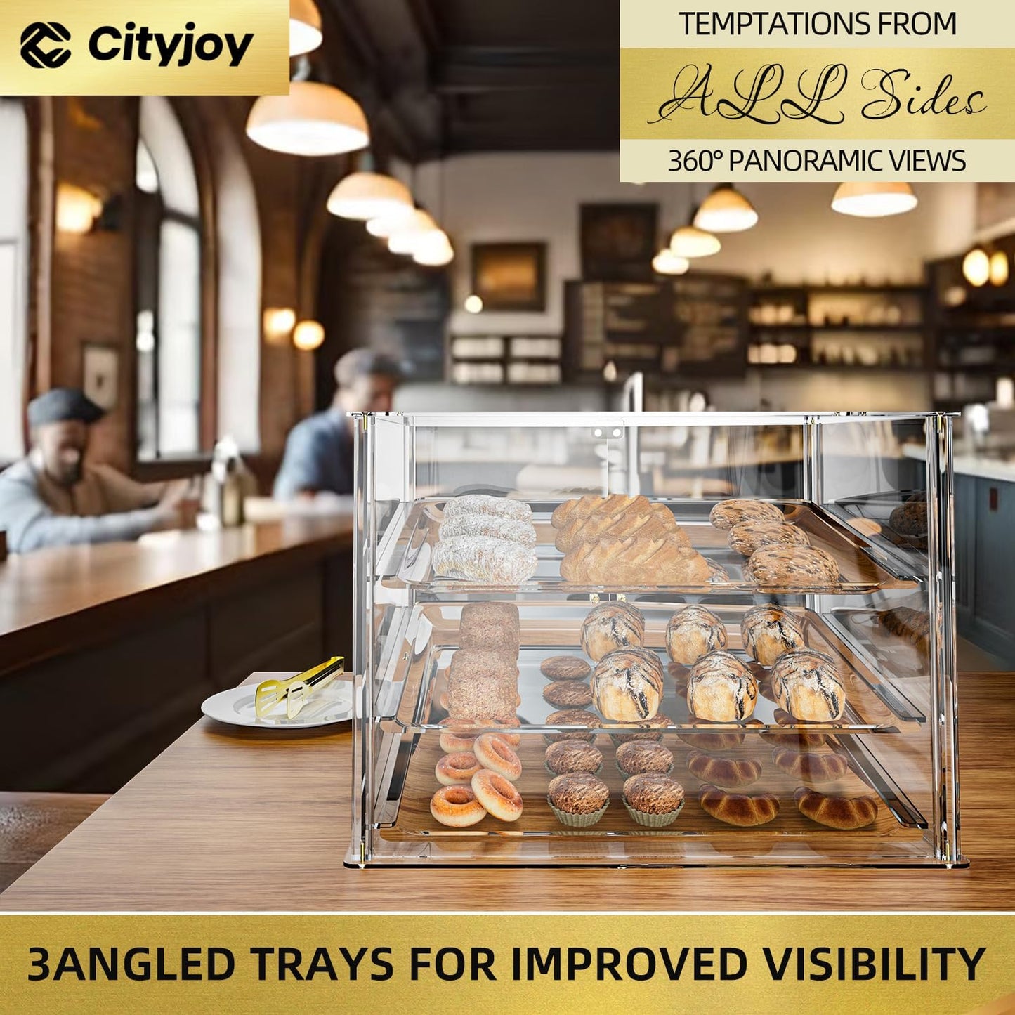 3-Tier Commercial Bakery Display Case with Removable Shelves and Magnetic Doors, Clear Acrylic