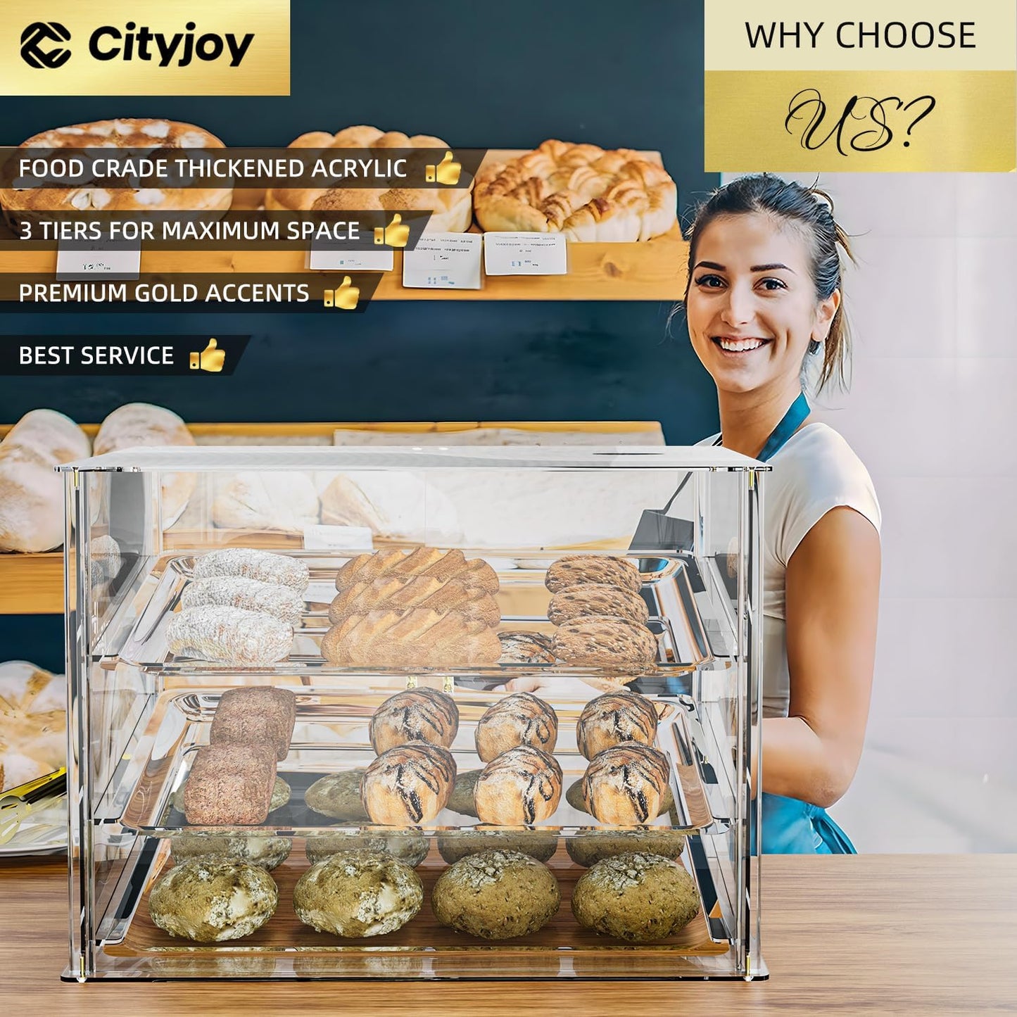 3-Tier Commercial Bakery Display Case with Removable Shelves and Magnetic Doors, Clear Acrylic