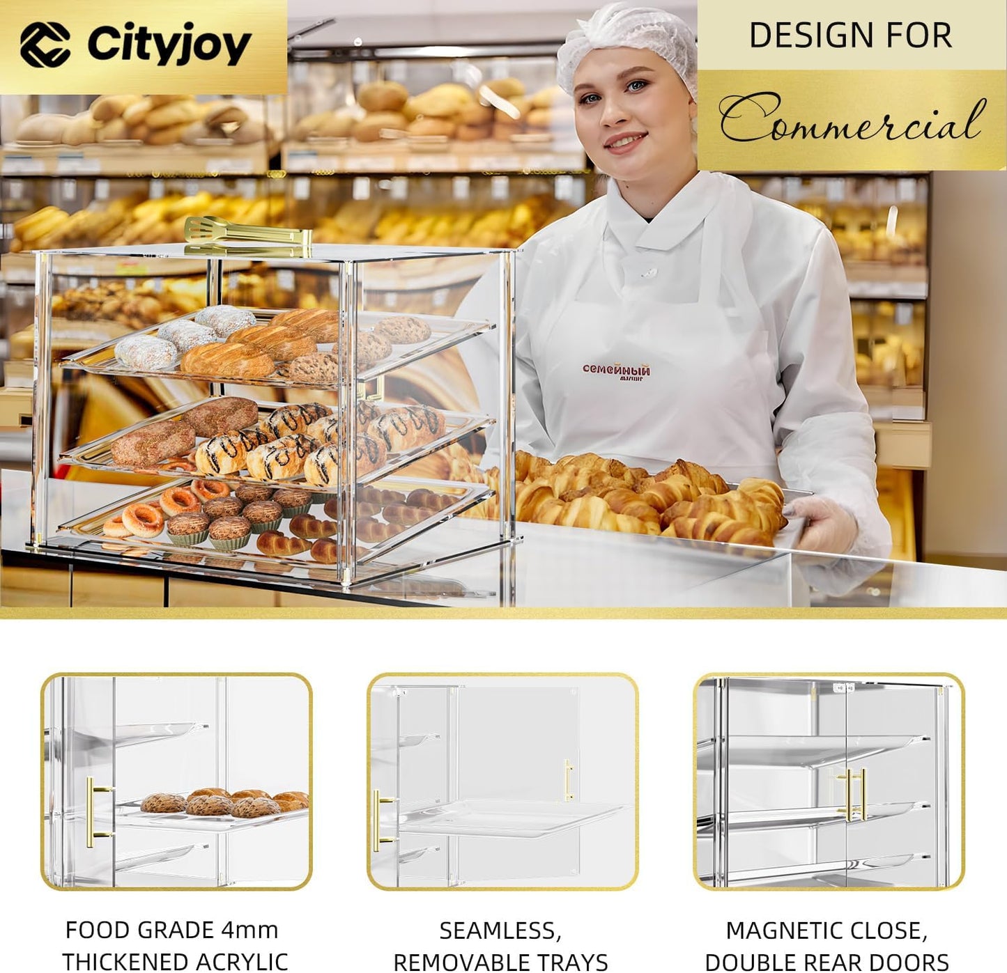 3-Tier Commercial Bakery Display Case with Removable Shelves and Magnetic Doors, Clear Acrylic