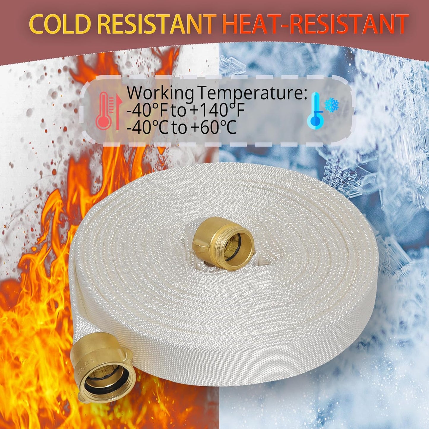 Fire Hose 100 FT x 1-1/2&#34; ID, Brass NST, NH Interface, TPU, Polyester, Working Pressure 250 PSI, Burst Pressure 500 PSI, Ind