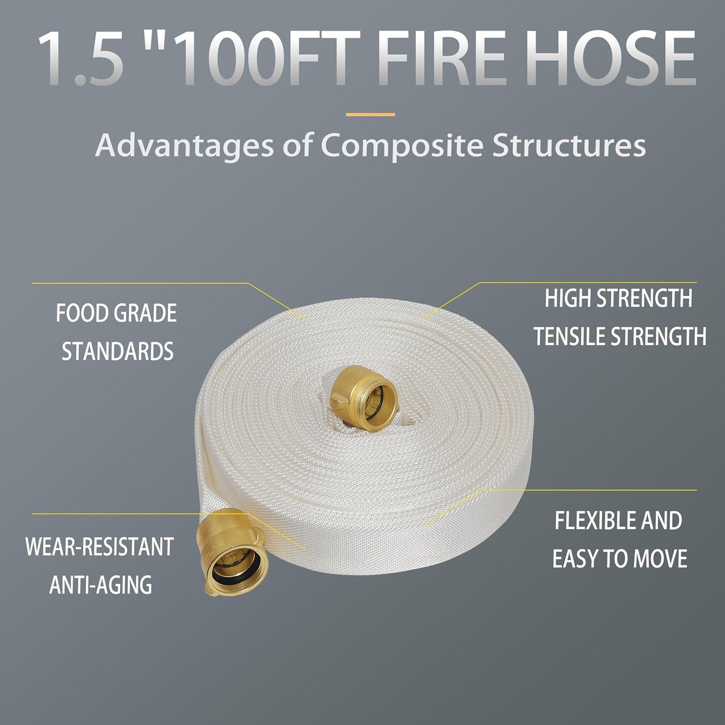 Fire Hose 100 FT x 1-1/2&#34; ID, Brass NST, NH Interface, TPU, Polyester, Working Pressure 250 PSI, Burst Pressure 500 PSI, Ind