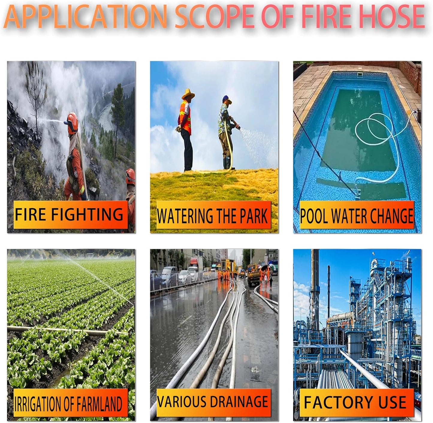 Fire Hose 100 FT x 1-1/2&#34; ID, Brass NST, NH Interface, TPU, Polyester, Working Pressure 250 PSI, Burst Pressure 500 PSI, Ind