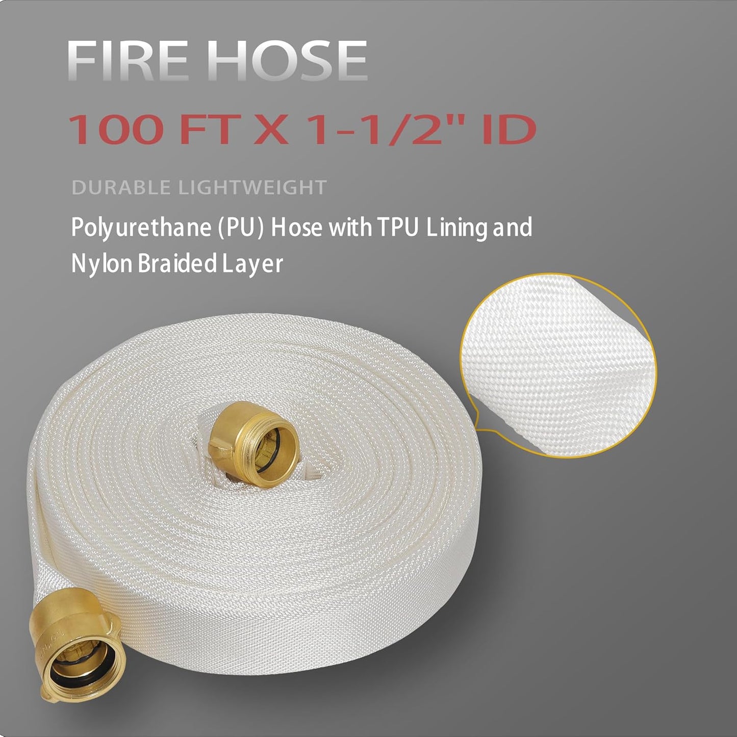 Fire Hose 100 FT x 1-1/2&#34; ID, Brass NST, NH Interface, TPU, Polyester, Working Pressure 250 PSI, Burst Pressure 500 PSI, Ind