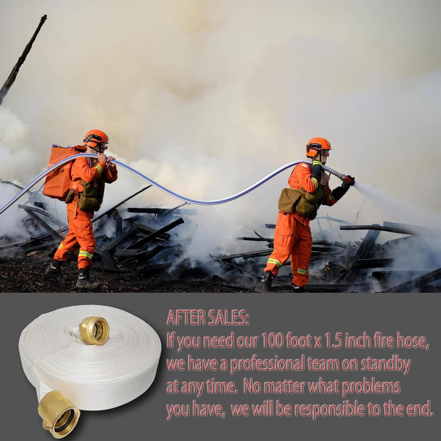 Fire Hose 100 FT x 1-1/2&#34; ID, Brass NST, NH Interface, TPU, Polyester, Working Pressure 250 PSI, Burst Pressure 500 PSI, Ind