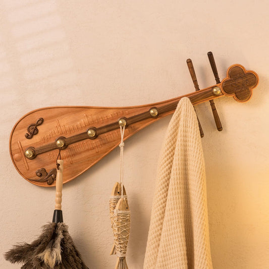 Wall-Mounted pipa-Shaped Coat Rack, Sturdy and Durable, Creative Artistic Design with Solid Wood Hooks