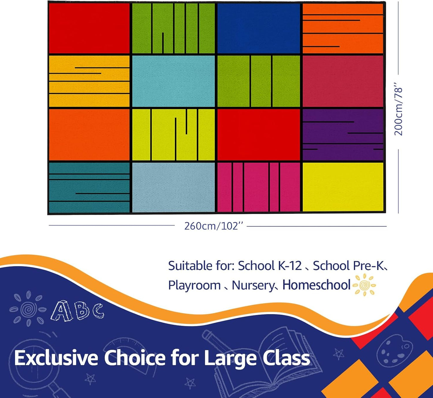 Small Classroom Rug, Seats16 Children, 6'x8' Non Slip Soft Washable Colorful Foldable Rug