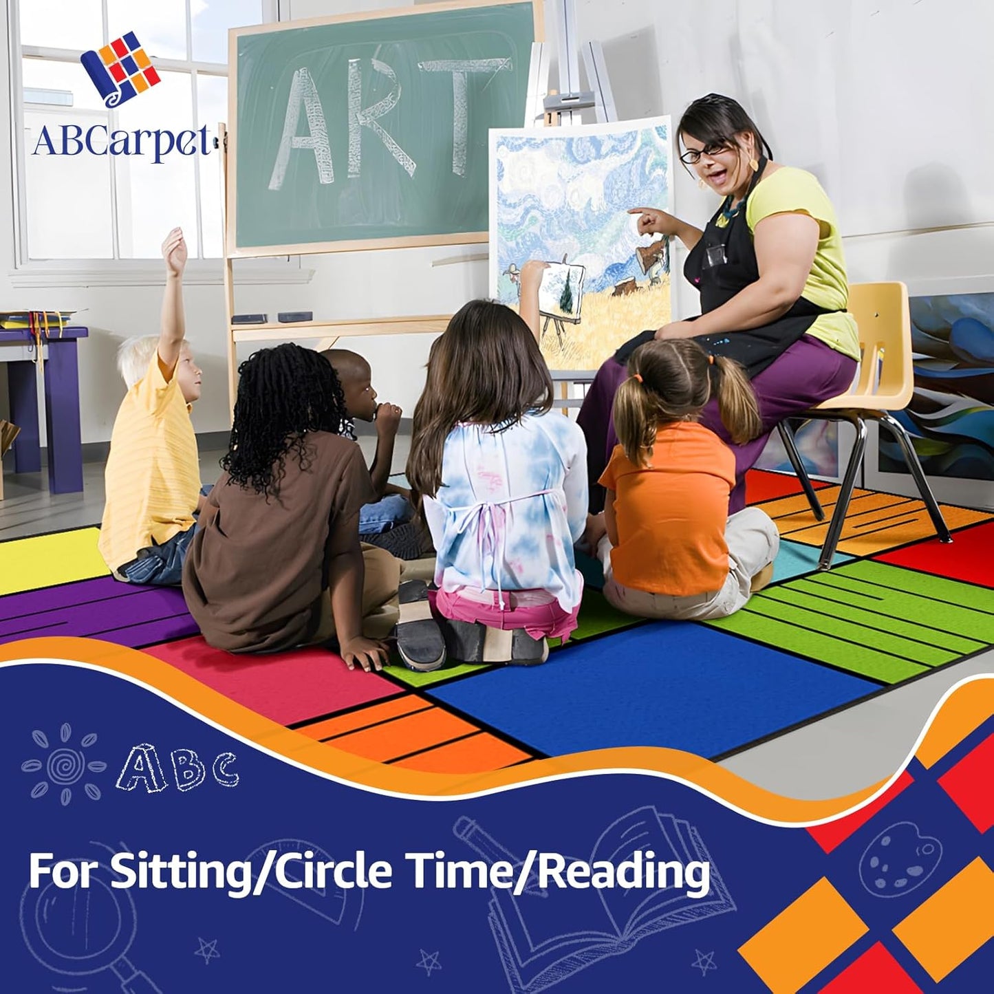 Small Classroom Rug, Seats16 Children, 6'x8' Non Slip Soft Washable Colorful Foldable Rug